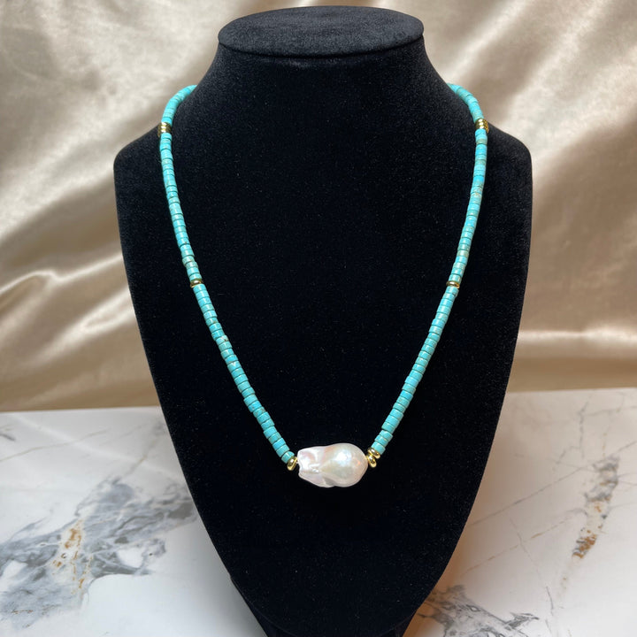 Turqoise Bead Baroque Pearl Pendant Necklace