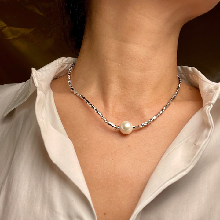 Floating Pearl Necklace with Silver Nuggets