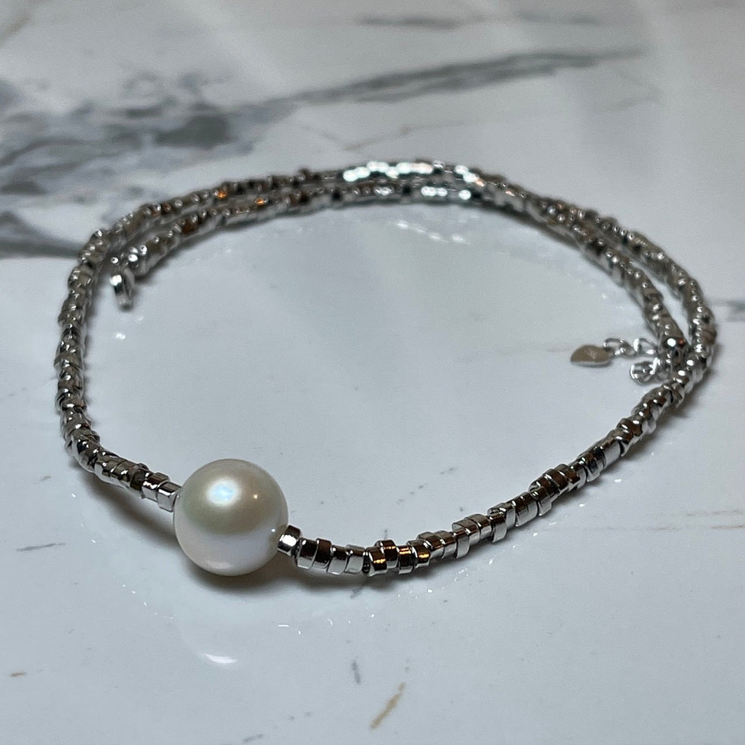 Floating Pearl Necklace with Silver Nuggets